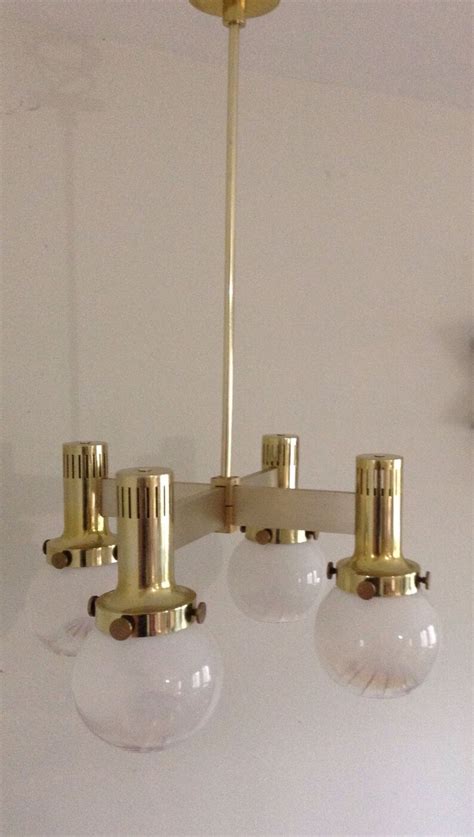 Vintage Lightolier Gold Colored Brass Chandelier Art Glass Etsy