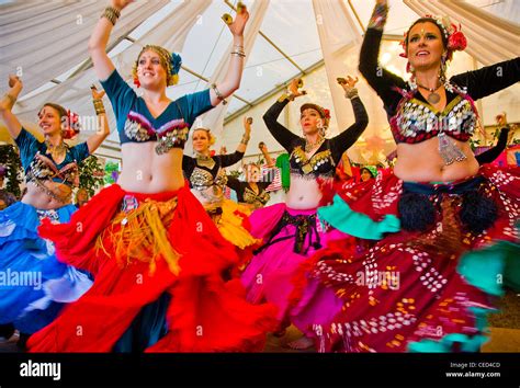 Colourful Belly Dancing Troupe Performing At Aeon Festival Stock Photo