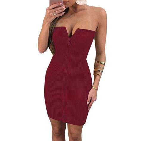 2017 Off Shoulder Strapless Knitted Sweater Dress Ribbed Sexy Short Party Dresses Front Zipper