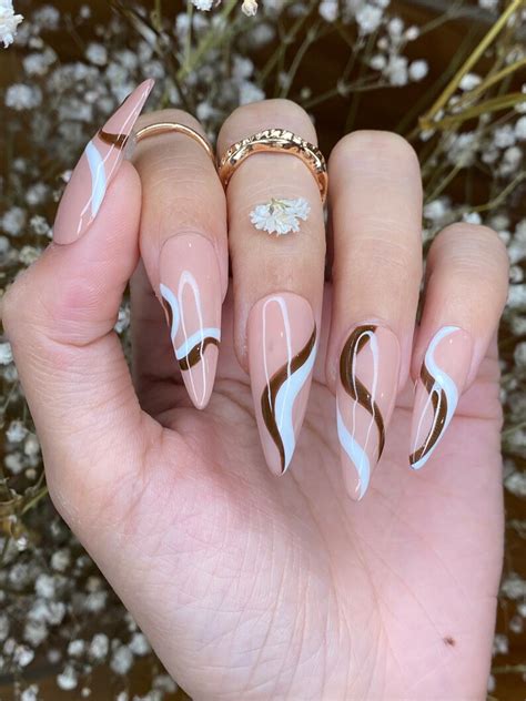 Nude Abstract Nail Design White And Brown Lines Coffin Etsy My Xxx