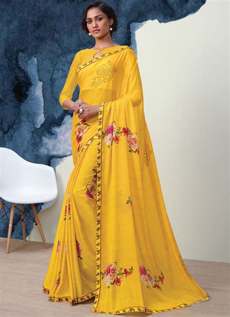 Yellow Georgette Party Wear Printed Saree Saree Printed Saree Indian Outfits