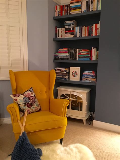 Ikea chair, birch veneer, finnsta white, floor/reading lamp with led bulb, nickel plated, white, rug, high pile, dark gray, nesting tables, set of 2, birch veneer ,ottoman, birch veneer Yellow IKEA Strandmon chair against Little Greene Juniper ...