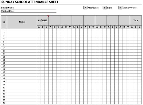 Sunday School Attendance Sheet