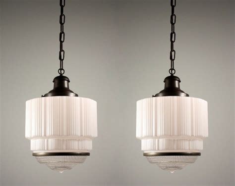 SOLD Two Matching Antique Art Deco Skyscraper Pendant Lights, c. 1930’s