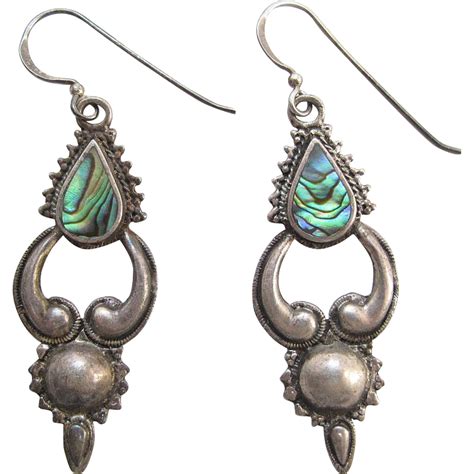 Vintage Mexican Sterling Silver Abalone Dangle Earrings