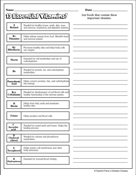 In this science worksheet, your child learns about fats and proteins and identifies common foods that have fat and protein. 13 Essential Vitamins | Parents: 3rd-5th Grade Printables | Nutrition education, Nutrition ...