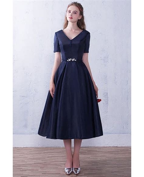 13899 Modest Navy Blue Vneck Tea Length Semi Party Dress With Short Sleeves G79059