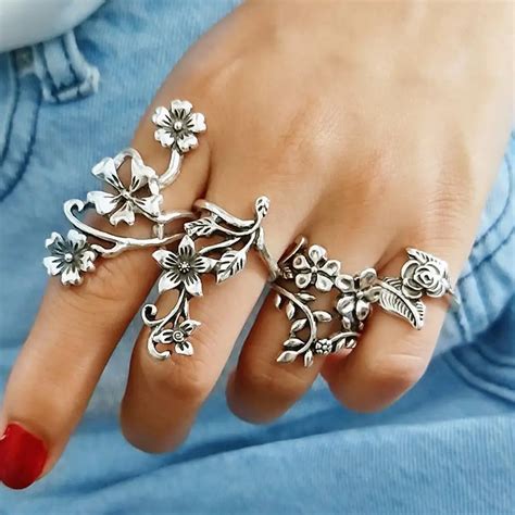 Vintage Boho Jewelry Rose Flower Rings Set For Women Anillos Mujer