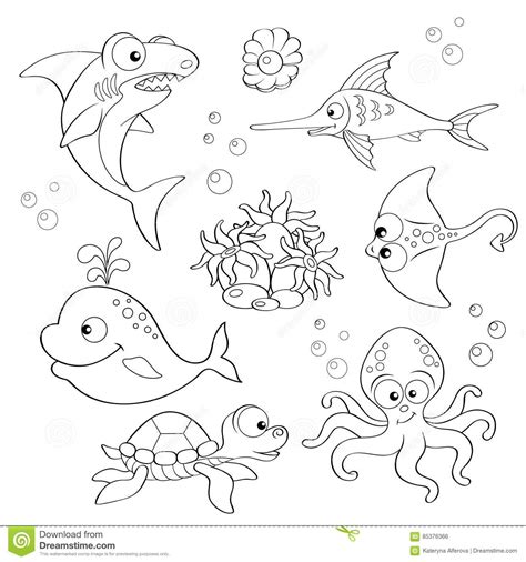 Set Of Cute Cartoon Sea Animals Stock Vector Illustration Of Cartoon