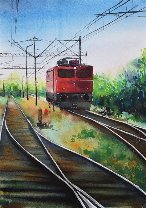 Original Watercolor Painting Locomotive Train From Artist Etsy