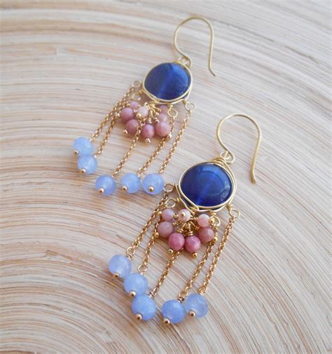 Waterlily Gemstone Fringe Chandelier Earrings Blue Blush Pink Etsy