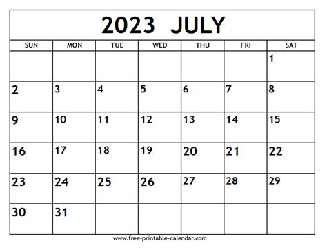 July 2023 Calendar Free Printable July Calendar Holiday