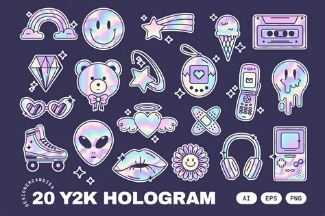 Y2k Holographic Stickers Illustrations Set Design Cuts