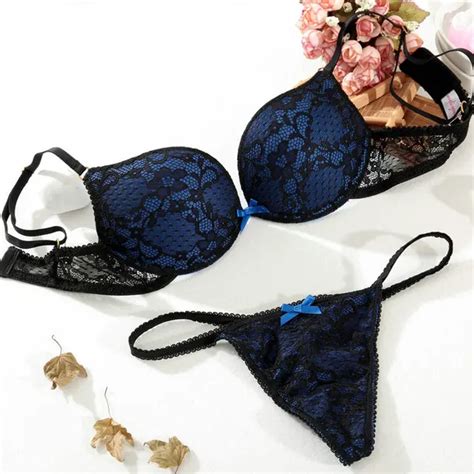 Sexy Thong Lace Push Up Bra Set Lingerie Women Underwear Sets Intimates Embroidery Floral Black