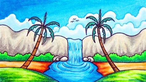 Drawing easy scenery with watercolor. How to Draw Easy Scenery | Drawing Tropical Waterfall ...