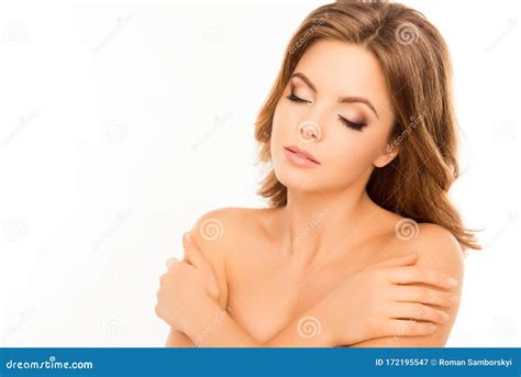 Calm Relaxed Perfect Woman Touching Shoulders After Spa Stock Image Image Of Allure Hydration