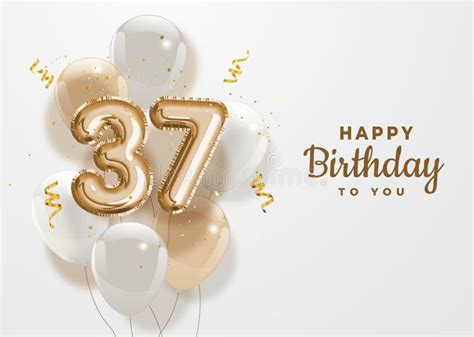 Happy 37 Th Birthday Gold Foil Balloon Greeting White Wall Background