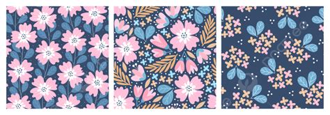 Set Of Hand Drawn Seamless Patterns With Flowers Background Leaves