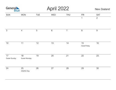 New Zealand April 2022 Calendar With Holidays