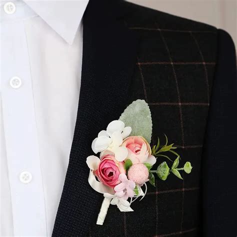 Artificial Silk Pink Rose Flower Groom Boutonniere Man Buttonholes Bride Wrist Corsage Women