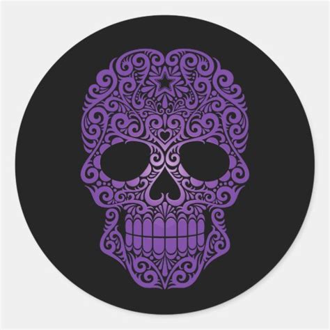 Purple Swirling Sugar Skull On Black Classic Round Sticker