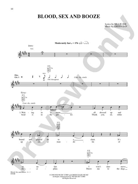 Blood Sex And Booze Guitar Green Day Digital Sheet Music Download