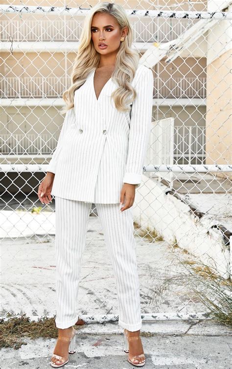 White Pinstripe Double Breasted Oversized Blazer Pinstripe Suit Women