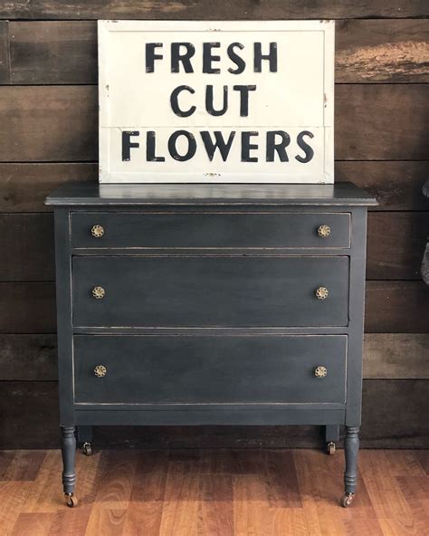 Charcoal Gray With Dark Wax Lightly Distressed Antique Dresser On