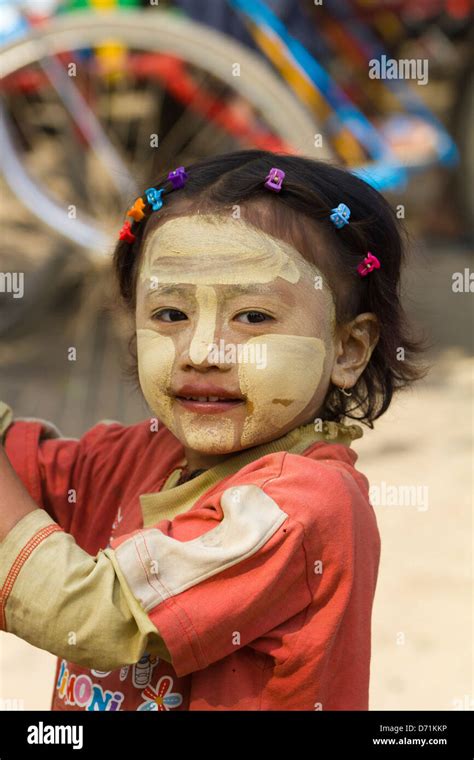 Little Girl With Thanaka Makeup In Nyaung Oo Market In Bagan Myanmar 2