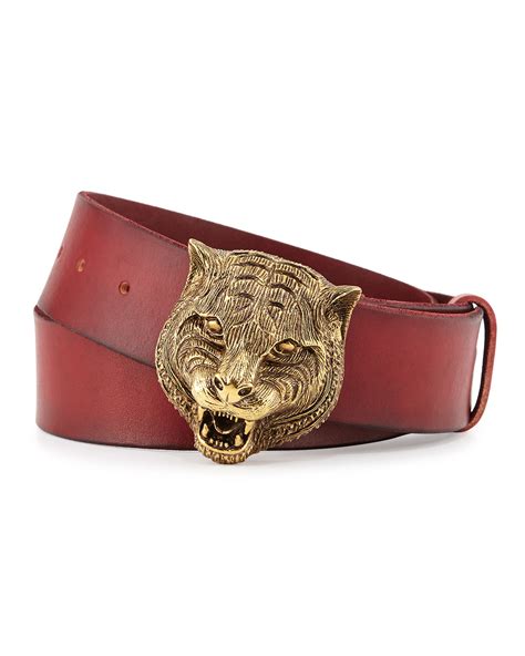 Gucci Mens Leather Belt With Tiger Buckle Neiman Marcus
