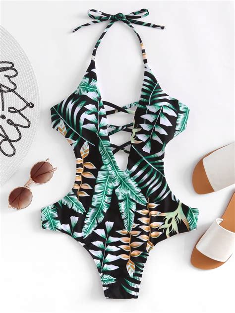 Shein Tropical Print Plunge Neckline Monokini Kendall Jenner And