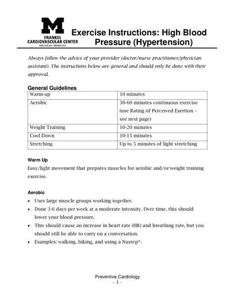 High Blood Pressure Hypertension Exercise Sheet Download Printable