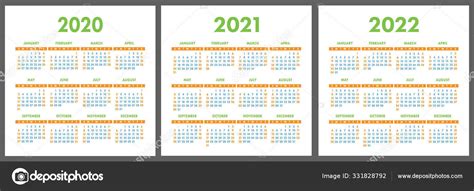 Calendario 2020 2021 2022 Años Plantilla Diseño Calendario Vectorial