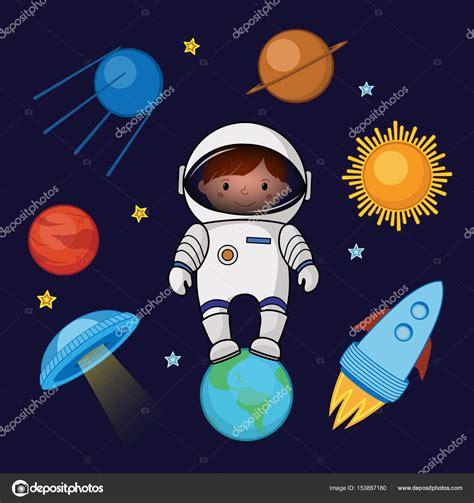 Little Girl Spaceman In Space Rocket Satellite Ufo Planets Stars