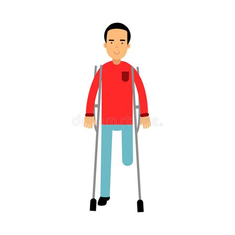 One Legged Disabled Man With Crutches Colorful Illustration Stock