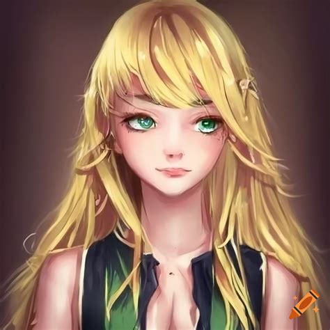 Anime Portrait Of A Beautiful Girl With Blonde Hair And Green Eyes On
