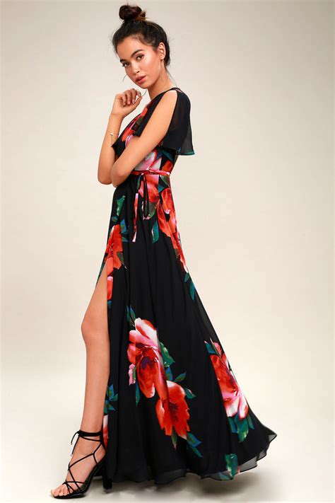 Stunning Black Floral Print Dress Wrap Dress Maxi Dress Lulus