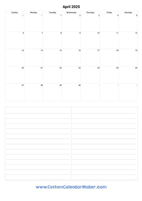 April 2025 Portrait Calendar With Notes