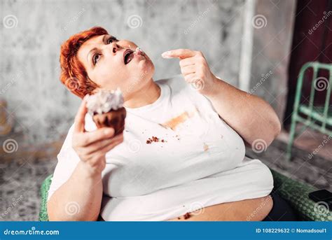 Overweight Woman Eats Sweet Cake Obesity Stock Photo Image Of