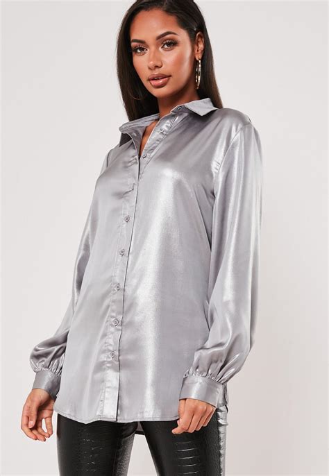 Silver Extreme Oversized Satin Shirt | Missguided