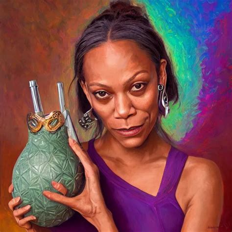 Krea Portrait Of Zoe Saldana Holding A Yerba Mate Gourd With Metal Straw By Mandy Jurgens