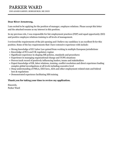Manager Employee Relations Cover Letter Velvet Jobs