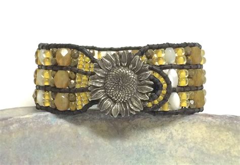 sunflower bracelet beaded leather bracelet sunflower cuff etsy beaded leather bracelet bead