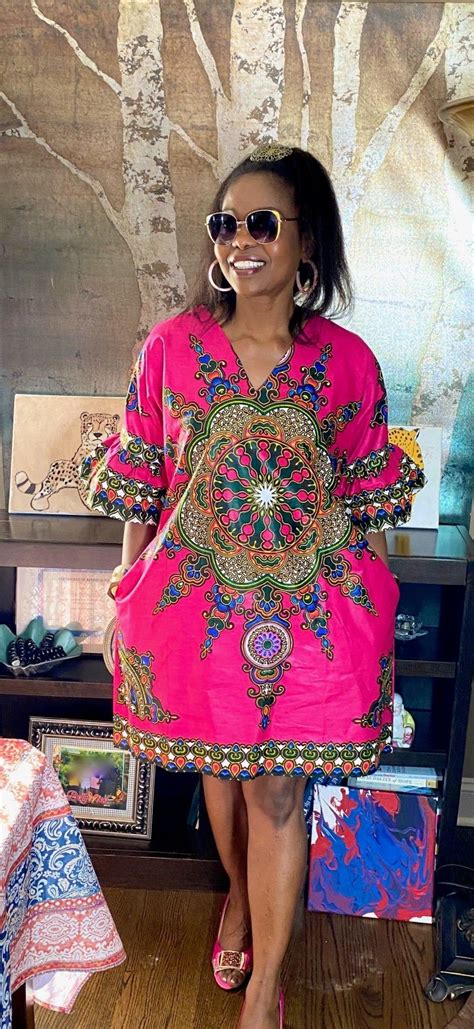 Casual Short Dress With Peplum Sleeves And Pockets Pink African
