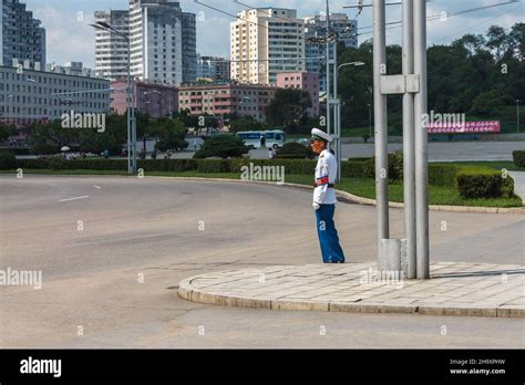 Pyongyang North Korea July 27 2014 A Police Officer Regulates