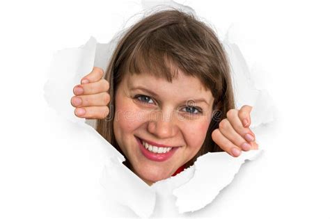 Woman Is Looking Through A Hole In Torn Paper Stock Photo Image Of
