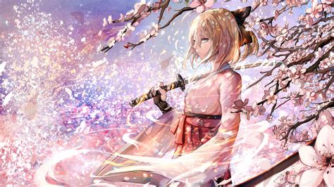 Wallpaper Anime Girls Katana Cherry Blossom Fate