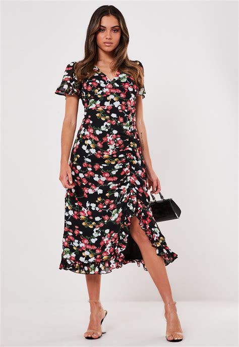 Black Floral Ruched Side Midi Tea Dress Missguided