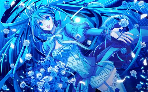 Blue Vocaloid Dress Flowers Hatsune Miku Blue Eyes Moon Long