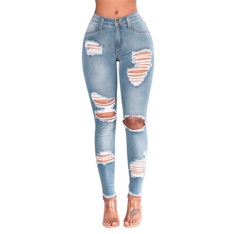 Chamsgend Casual Long Jeans Women High Waist Skinny Pencil Blue Denim Pants Ripped Hole Cropped